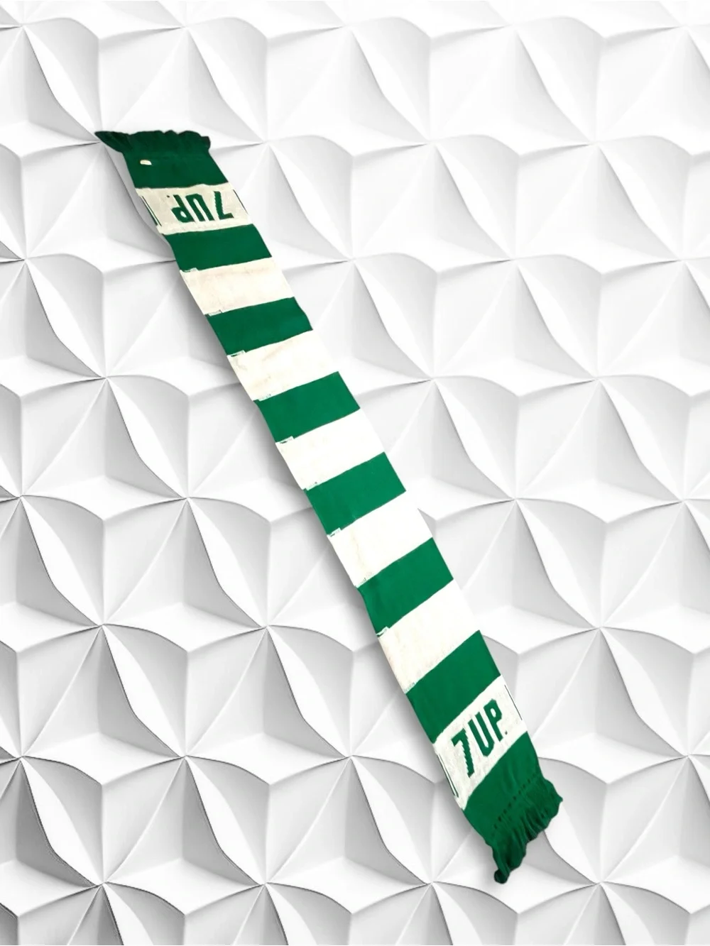 Vintage 7-Up Striped Knit Scarf Green White Fringed Retro 70s 80s Soda Promo